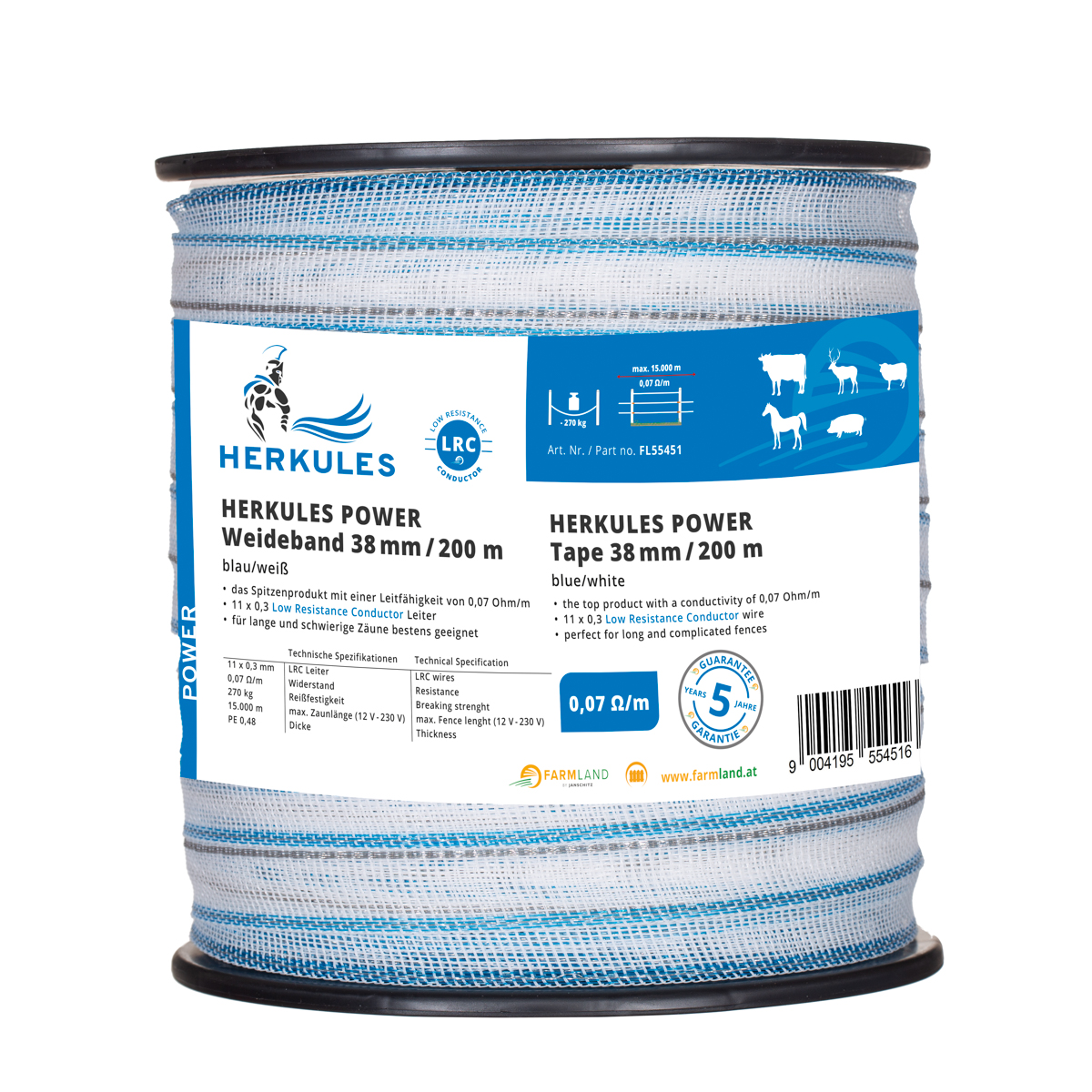 Herkules Power Weideband 38mm, 200m, blau/weiß